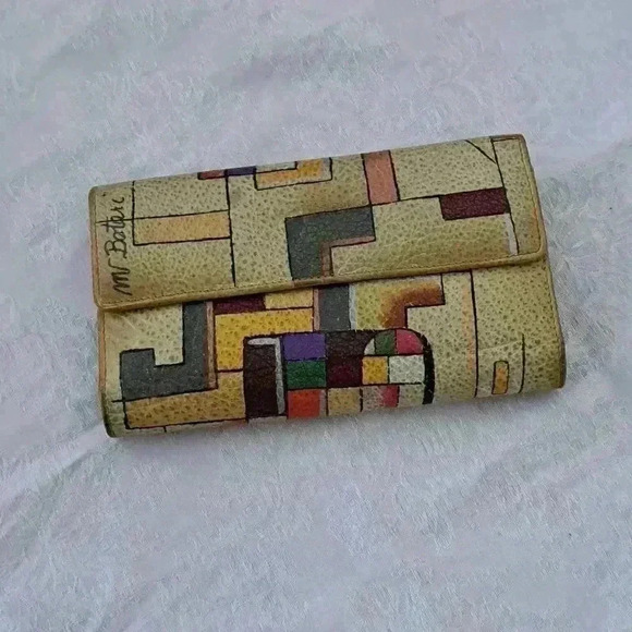 Wallet  CHECKBOOK GOLD ABSTRACT LEATHER  HAND PAINTED MV BOTARI - Picture 1 of 9